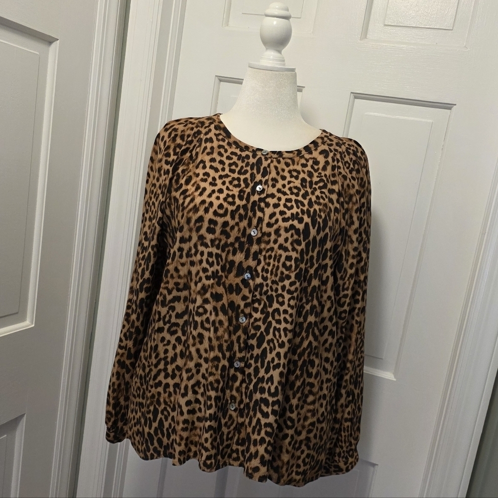 J. Jill Leopard Print Button-Front Blouse - Brown & Black 100% Rayon Size L